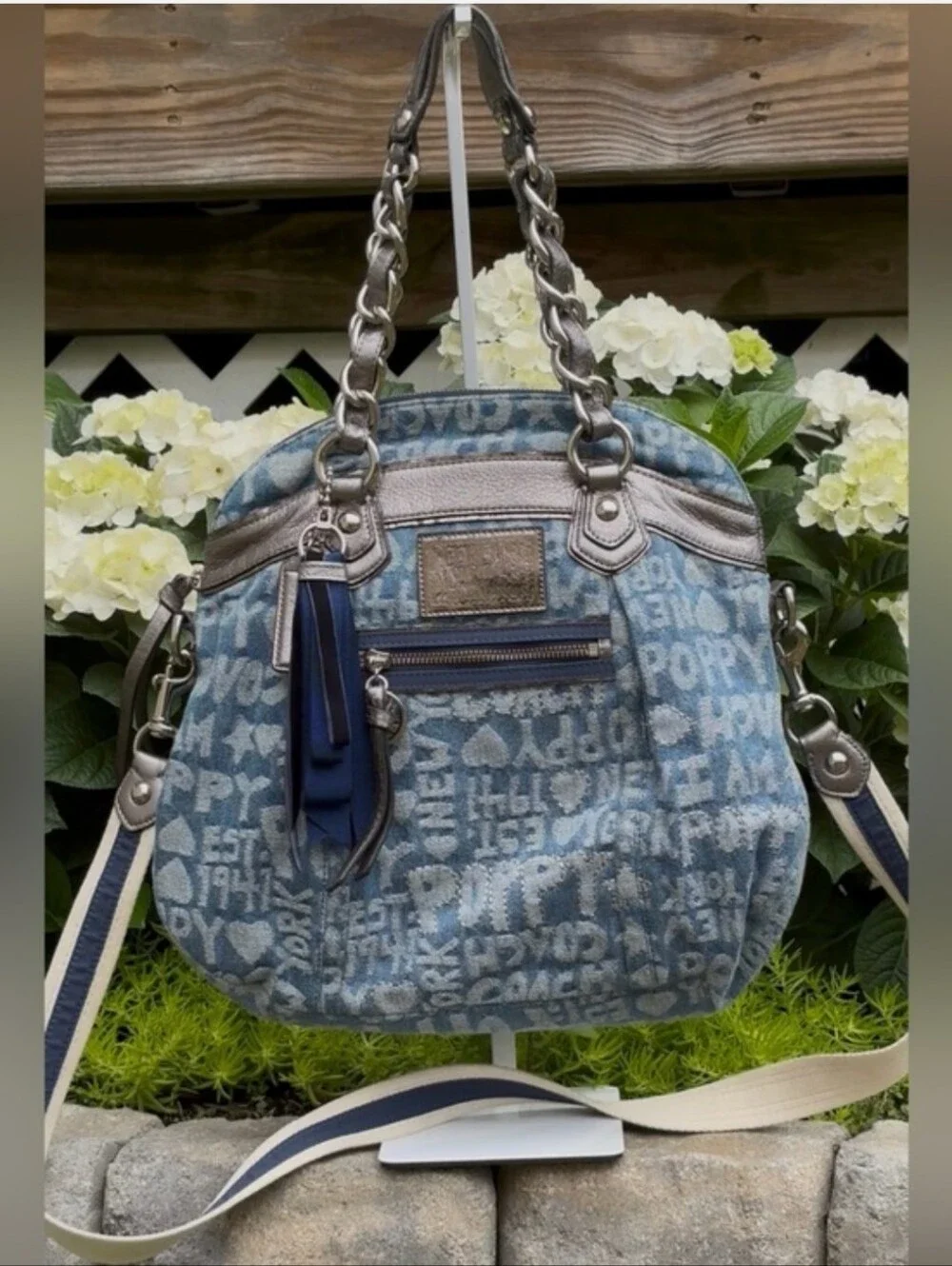 Coach Poppy Wordblock Denim Chain Shoulder Crossbody Tote Bag